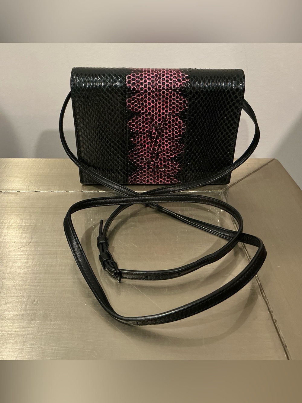 Saint Laurent YSL Black Pink Exotic Snakeskin Toy Kate Strap Wallet Bag